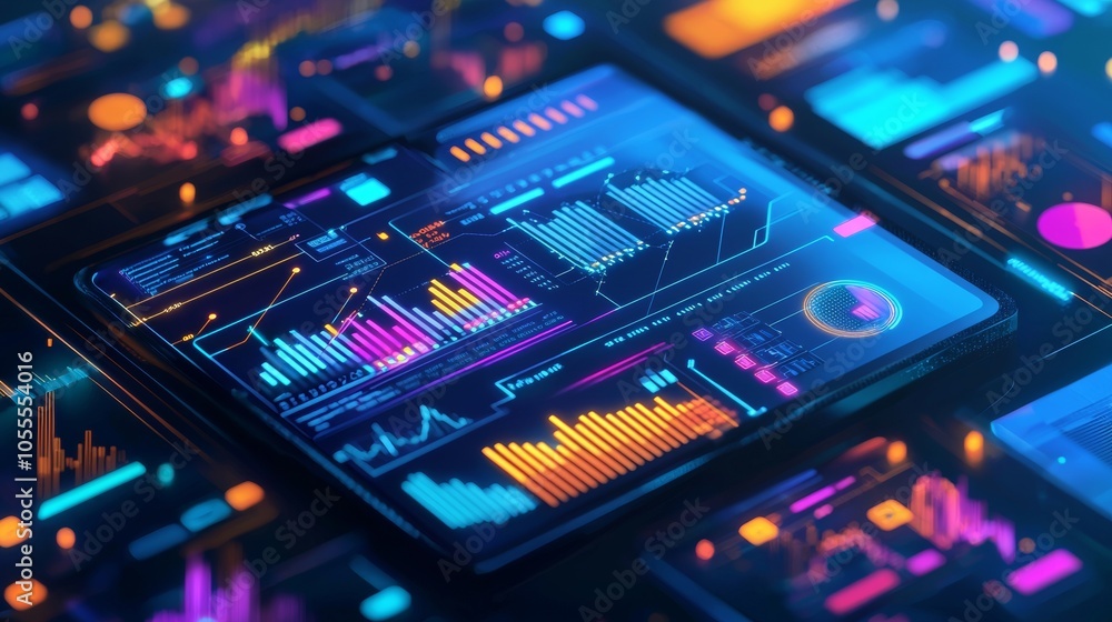 Poster colorful data analytics dashboard on glowing high-tech screens
