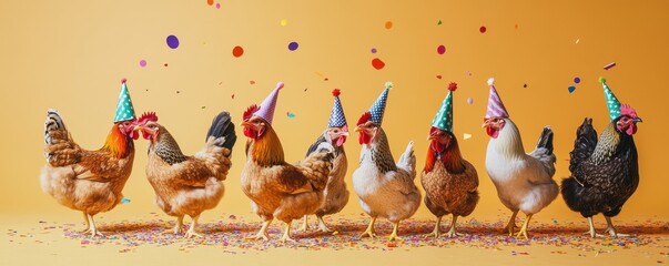 Playful Chickens in Colorful Party Hats