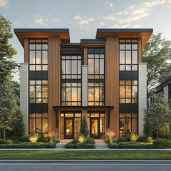 Tall Narrow Townhome with Vertical Wood Paneling in Urban Setting