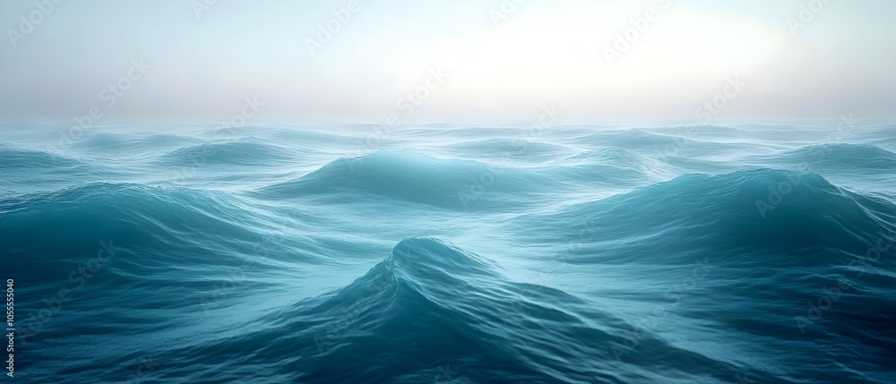 Poster a serene view of gentle ocean waves under soft, diffused light, creating a tranquil atmosphere. the 