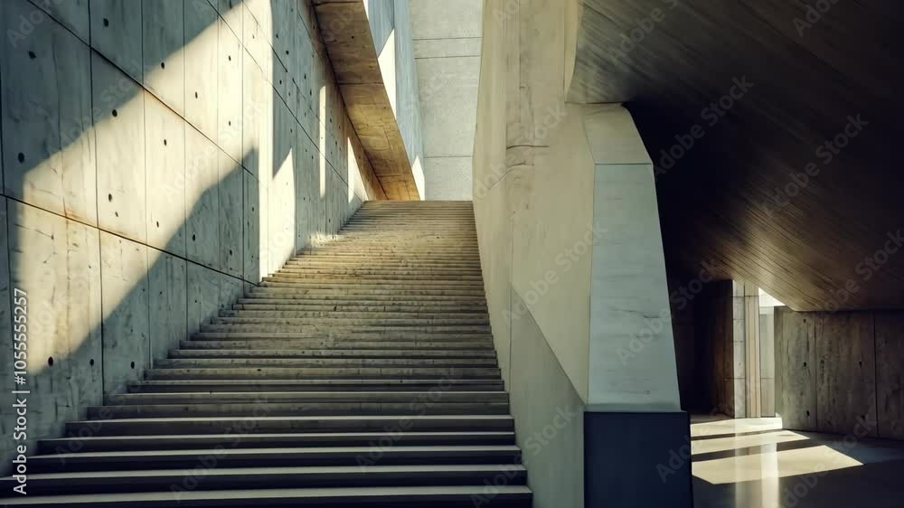 Poster brutalist art museum with sharp, angular concrete forms and large, unadorned surfaces, creating a st