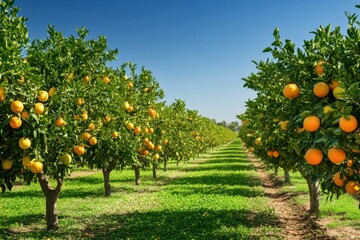 A serene citrus orchard in full bloom, with rows of orange, lemon, and lime trees, their branches heavy with ripe fruits, set against a blue sky, the essence of a sunny day in the countryside.