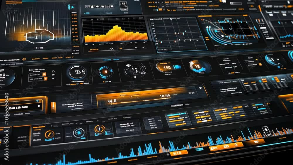 Poster a futuristic dashboard displays a variety of data, including graphs and charts, representing real-ti