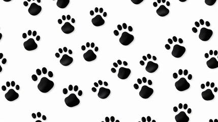 Fototapeta premium Seamless pattern featuring black paw prints scattered across a clean, white background. Perfect for pet-themed designs, emphasizing simplicity and cuteness.