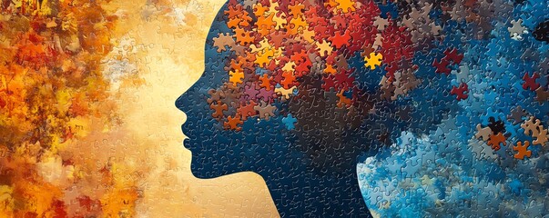 Artistic silhouette of a human head composed of vibrant jigsaw puzzle pieces, illustrating the impact of neurological diseases on memory and cognition