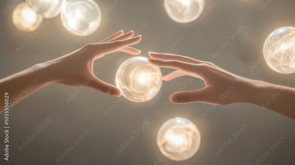 Poster hands reaching towards ethereal glowing orbs in a soft light, creating a mystical and dreamlike atmo