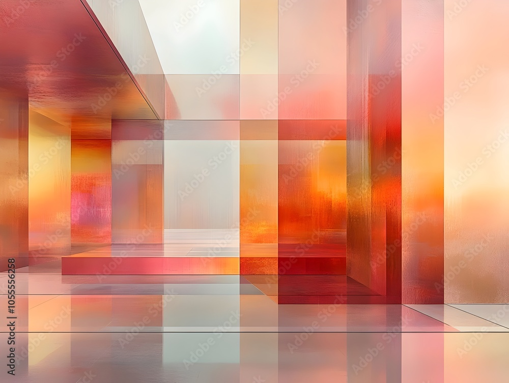 Poster a vibrant abstract composition featuring a dynamic interplay of warm colors, with translucent geomet