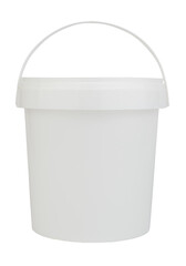 White plastic bucket with lid and handle isolated on a transparent background