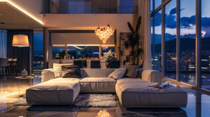 A modern and luxurious living room featuring a plush sectional sofa, elegant lighting fixture, and panoramic city views through expansive floor-to-ceiling windows.
