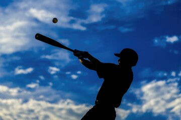 Silhouette of a baseball player hitting a ball against a blue sky background