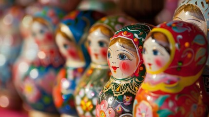 Fototapeta premium A vibrant collection of traditional Russian nesting dolls, known as Matryoshka dolls, intricately painted with floral designs and diverse colors in a market setting.
