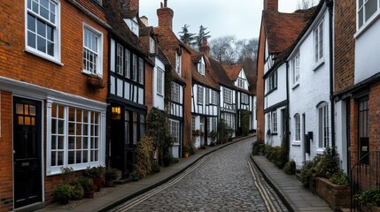 Charming cobblestone street lined with traditional Tudor style houses featuring brick and white facades, timber frames, and tiled roofs in a quaint historic setting.