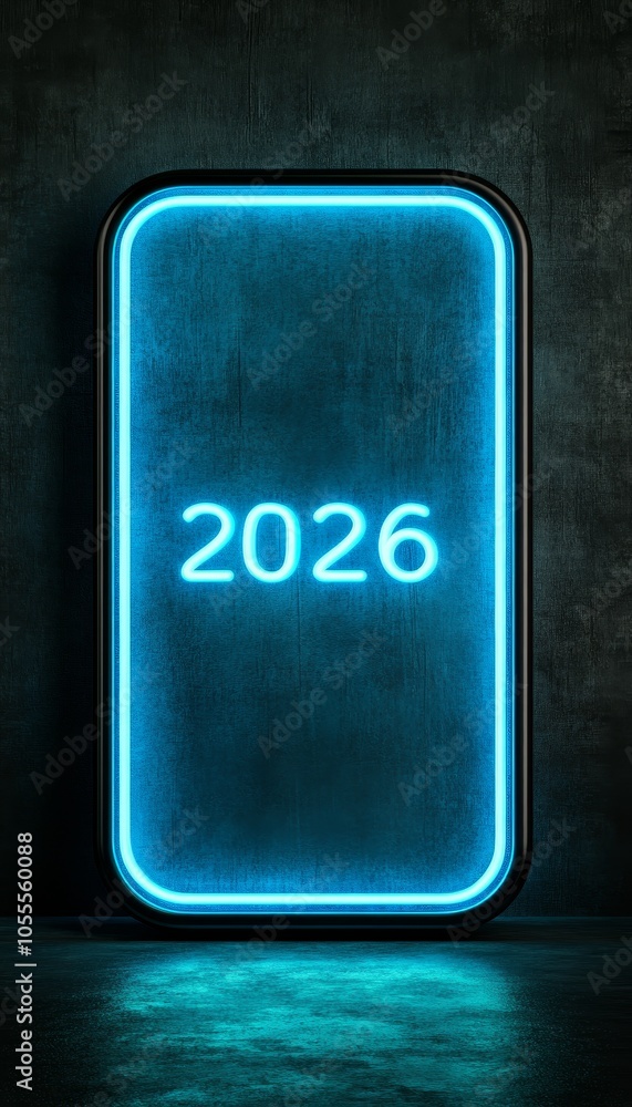 Poster neon glowing rectangular frame with number 2026 on a dark background, cyberpunk style.