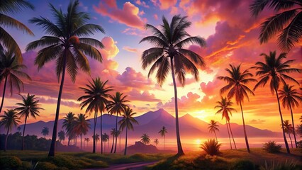 Obraz premium Tropical Sunset Silhouettes: Breathtaking Artwork with Vibrant Colors and Natural Beauty for Home Decor