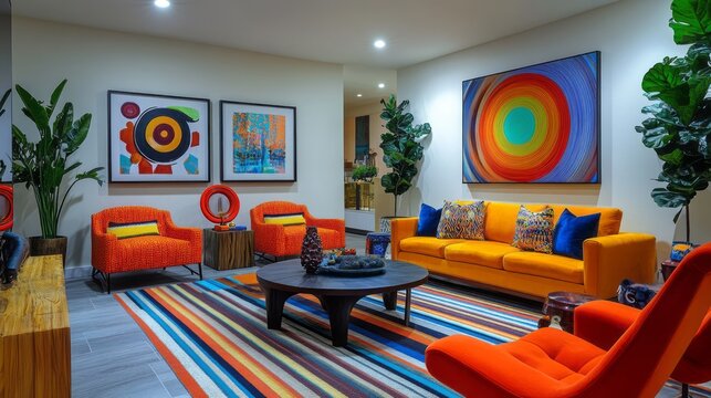 A fun and inviting living room featuring quirky decor items, playful wall art, and comfortable seating arranged for laughter and conversation