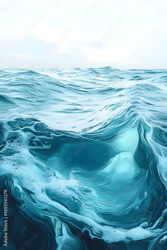 Poster a serene view of deep turquoise ocean waves gently rolling under a soft sky, creating a tranquil and