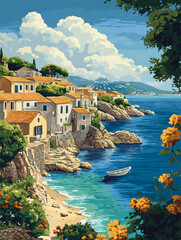 A charming coastal scene showcasing a hillside village with white houses and terracotta roofs, surrounded by vibrant flowers and rocky cliffs overlooking a serene blue sea, corfu poster