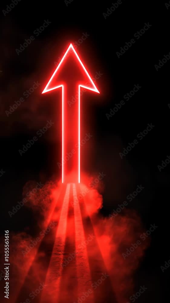 Poster red neon arrow pointing up appearing from fog