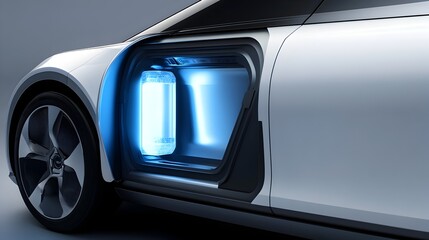 Hydrogen Capsule Charging on Compact Electric Vehicle with Soft Blue Glow and Details