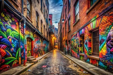 Naklejka premium Urban Alley Graffiti Art - Vibrant Street Art in a Panoramic Cityscape