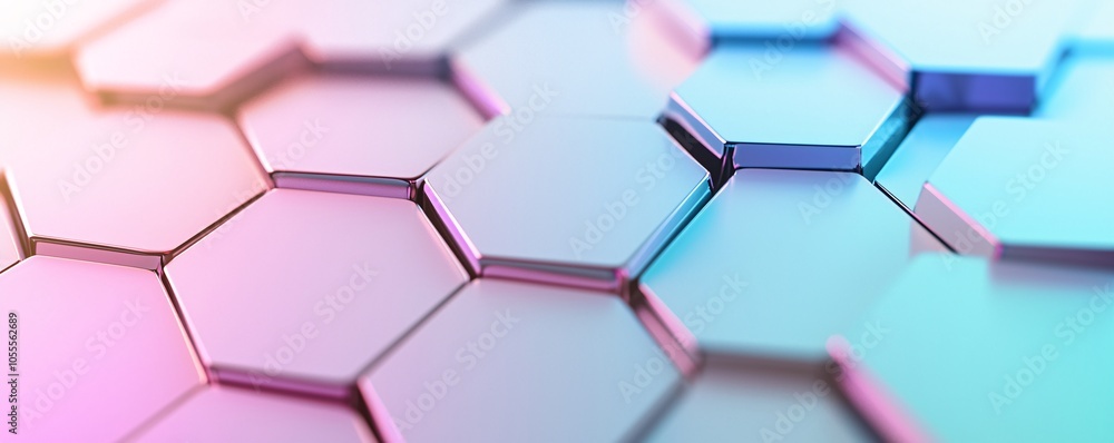 Poster iridescent metallic hexagon - futuristic symmetrical design with vibrant colors and glowing holograp
