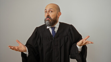 Hispanic bearded man in judge robe posing with unsure expression on isolated white background.