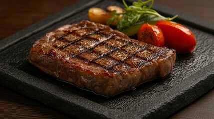 Close-up of a gourmet steak with grilled vegetables