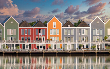 Reflection with houses on the lake in Houten Netherlands