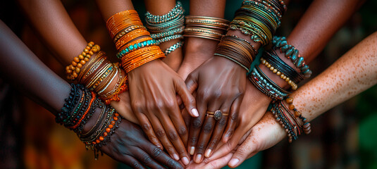 Unity in Diversity: Close-up of Hands Adorned with Vibrant Ethnic Bracelets