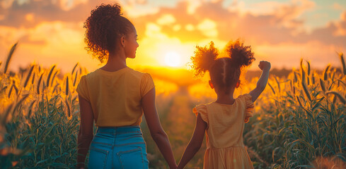 Mother and Daughter Watching Sunset Together in Field of Wheat