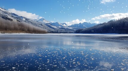 Serene Frozen Lake Surrounded by Snowy Mountains in Peaceful Winter Landscape