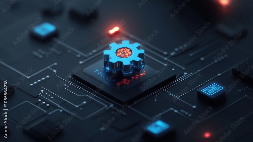 Poster futuristic gear mechanism on circuit board representing advanced technology concepts in digital era