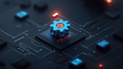 Futuristic gear mechanism on circuit board representing advanced technology concepts in digital era