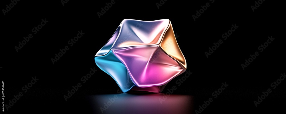 Poster holographic metallic dodecahedron - iridescent abstract shape reflecting vibrant cosmic colors in a 