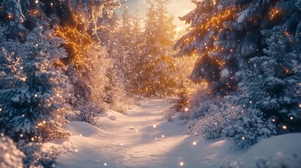 Snow-covered trees and a path through a winter forest bathed in golden sunlight as snowflakes gently fall