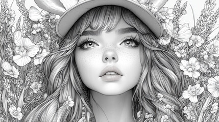 Stylish beauty girl with bunny ears and floral background for creative design