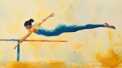 Watercolor Gymnast Kicking Off Balance Beam