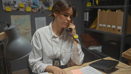 A focused young woman with a detective badge converses on a phone in a cluttered office room.