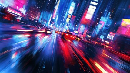 Nighttime city street with blurred cars.