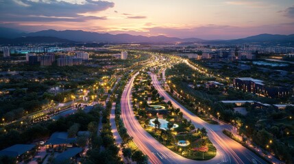 Fototapeta premium Aerial View of City Highway at Sunset