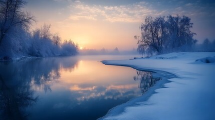 Frozen River Reflecting Serene Winter Sky in Peaceful Nature Landscape