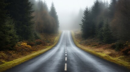 A serene, misty road winds through a dense forest, framed by tall trees and autumn foliage, creating a tranquil and atmospheric scene.