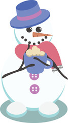 Cute snowman with coffee cup vector. Snowman with scarf and hat illustration.