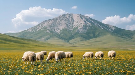 Obraz premium Sheep Grazing in a Field of Dandelions with a Mountain in the Background