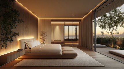 A modern bedroom featuring custom-made furniture, soft wool rugs, and minimalist lighting, creating an ambiance of quiet luxury