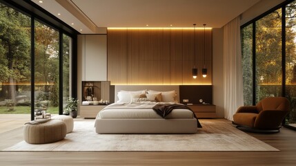 A modern bedroom featuring custom-made furniture, soft wool rugs, and minimalist lighting, creating an ambiance of quiet luxury