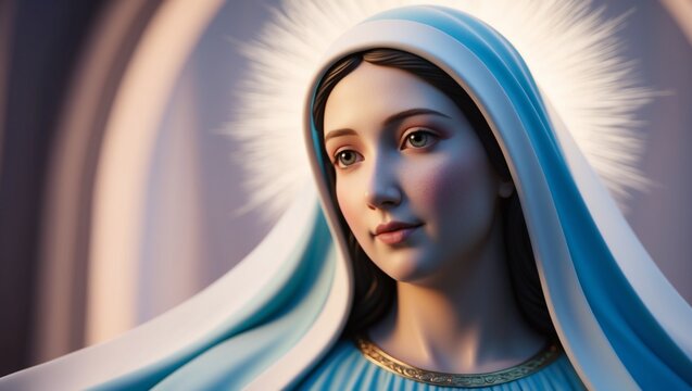 Our Lady of Grace A Close-Up of Serenity and Compassion in Celestial Blue and White