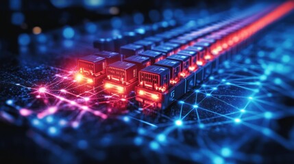 Fototapeta premium Glowing Networked Servers with Red and Blue Lights