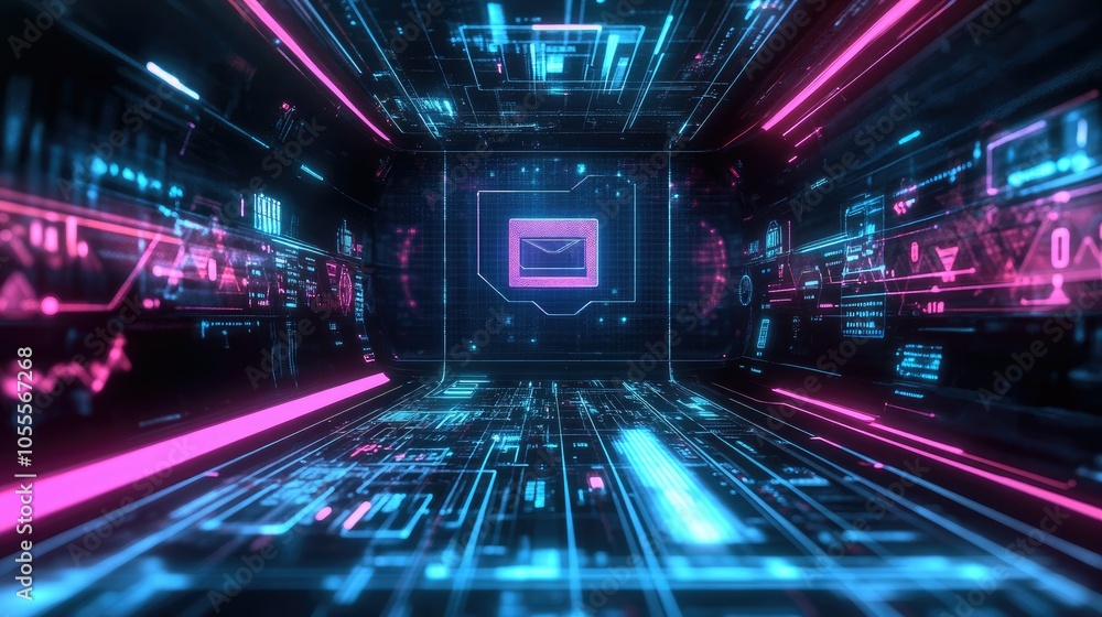 Aufkleber Conceptual image of a computer screen with webinar and online course icons, digital classroom technology, futuristic look