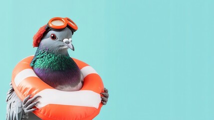 Pigeon in Lifeguard Outfit with Floatation Ring